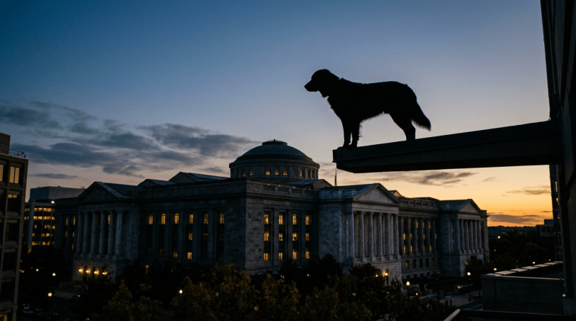 Silhouette of a dog standing on a ledge above a lit classical building at sunset