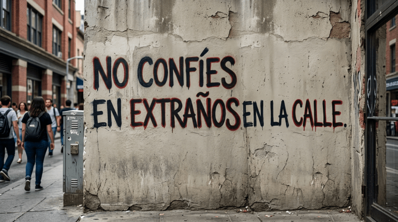 Spanish graffiti saying 'No confíes en extraños en la calle' on a cracked wall
